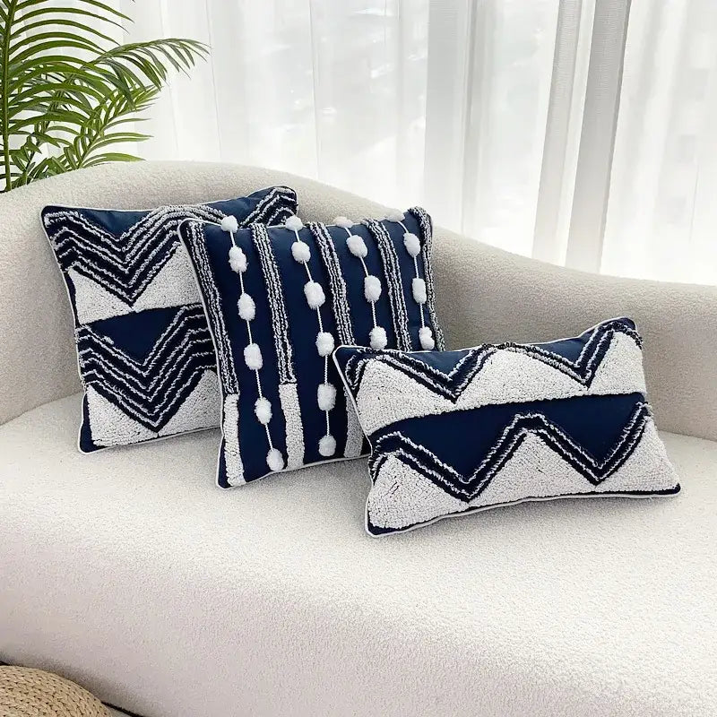 Geometric tufted navy & white cushion cover living room tassel decor