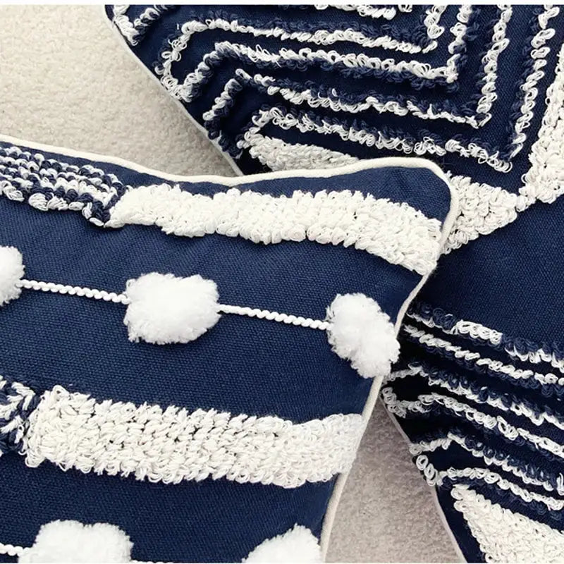 Geometric tufted navy & white cushion cover living room tassel decor