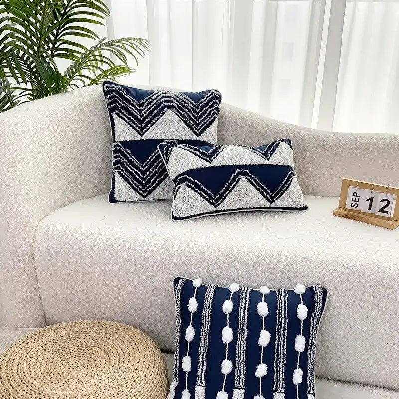 Geometric tufted navy & white cushion cover living room tassel decor