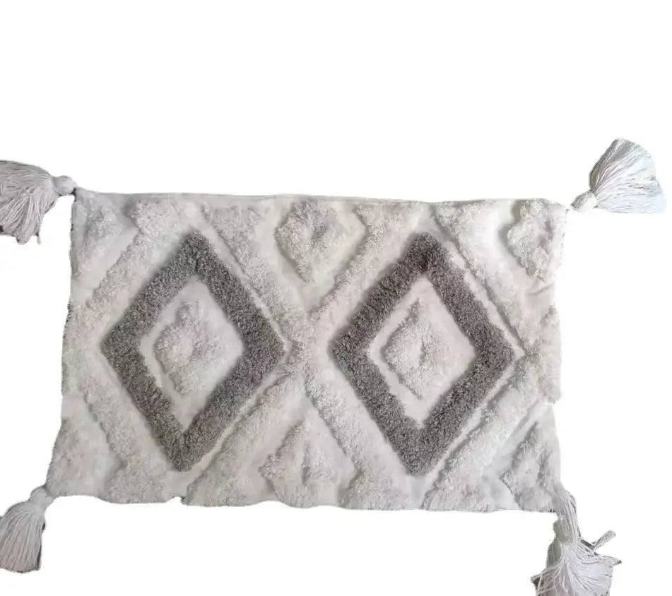 Geometric tufted tassel cushion cover beige & gray living room decor