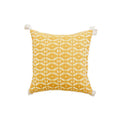 Geometric tufted yellow cushion cover with crochet tassels living room