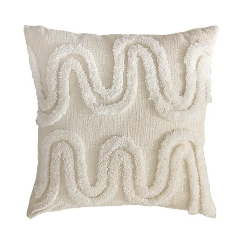 Geometric waves tufted cream pillow covers bedroom textured fringe