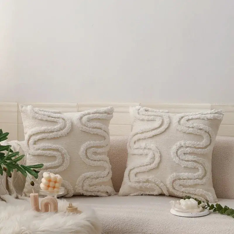 Geometric waves tufted cream pillow covers bedroom textured fringe