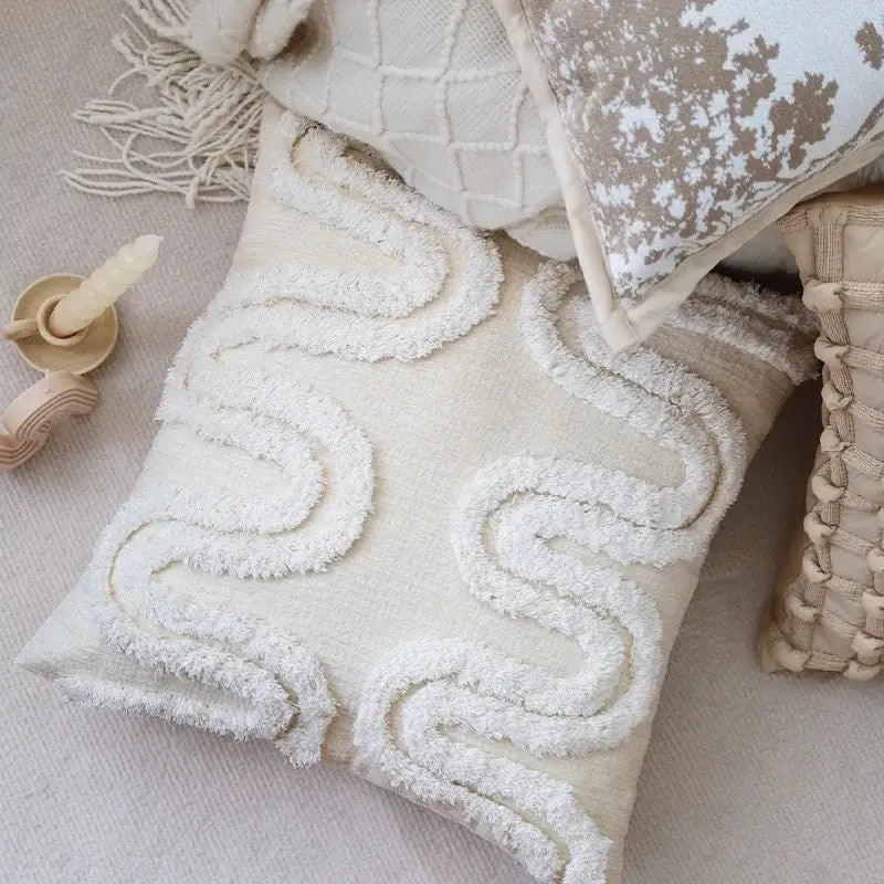 Geometric waves tufted cream pillow covers bedroom textured fringe