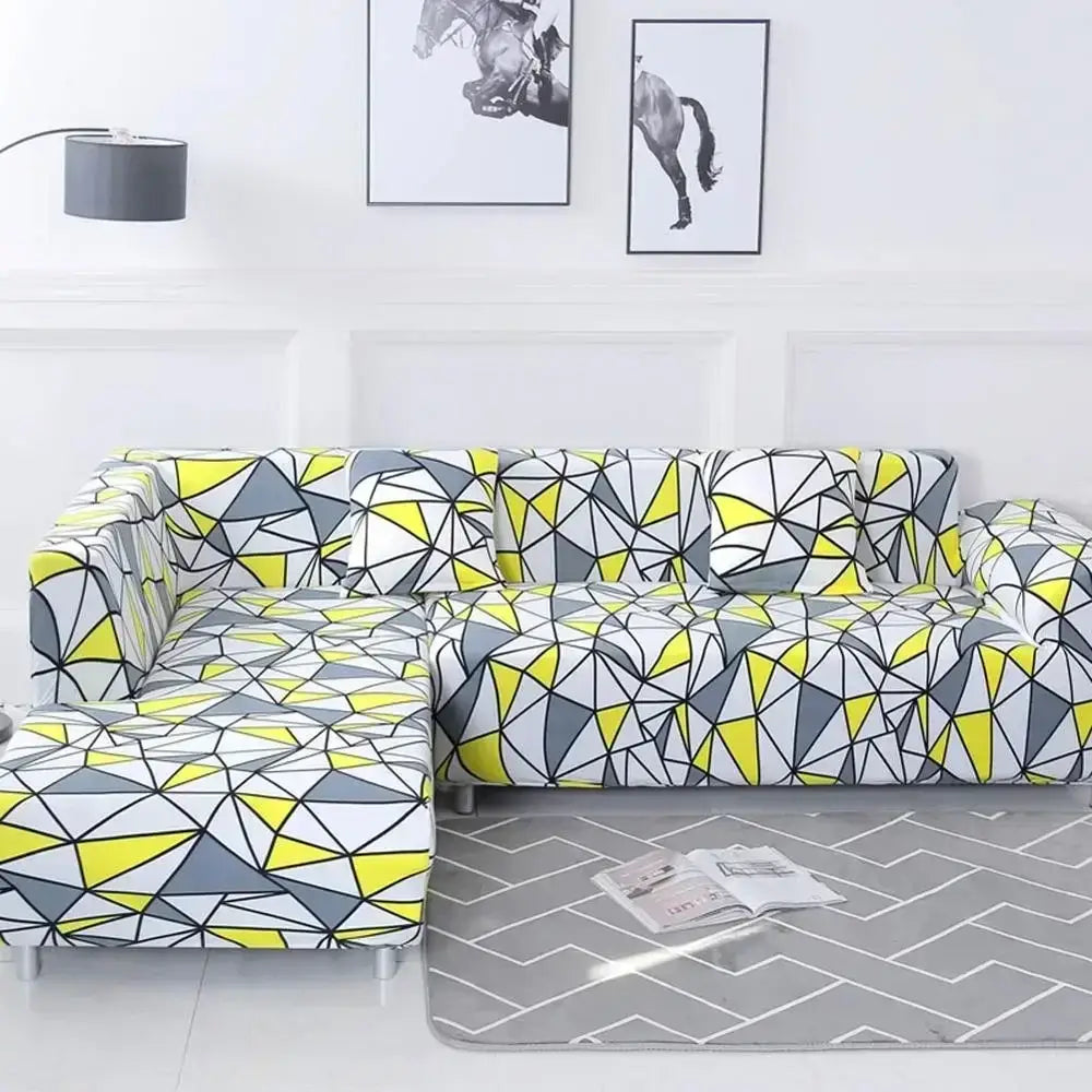 Geometric yellow & gray stretch sofa cover living room couch protector