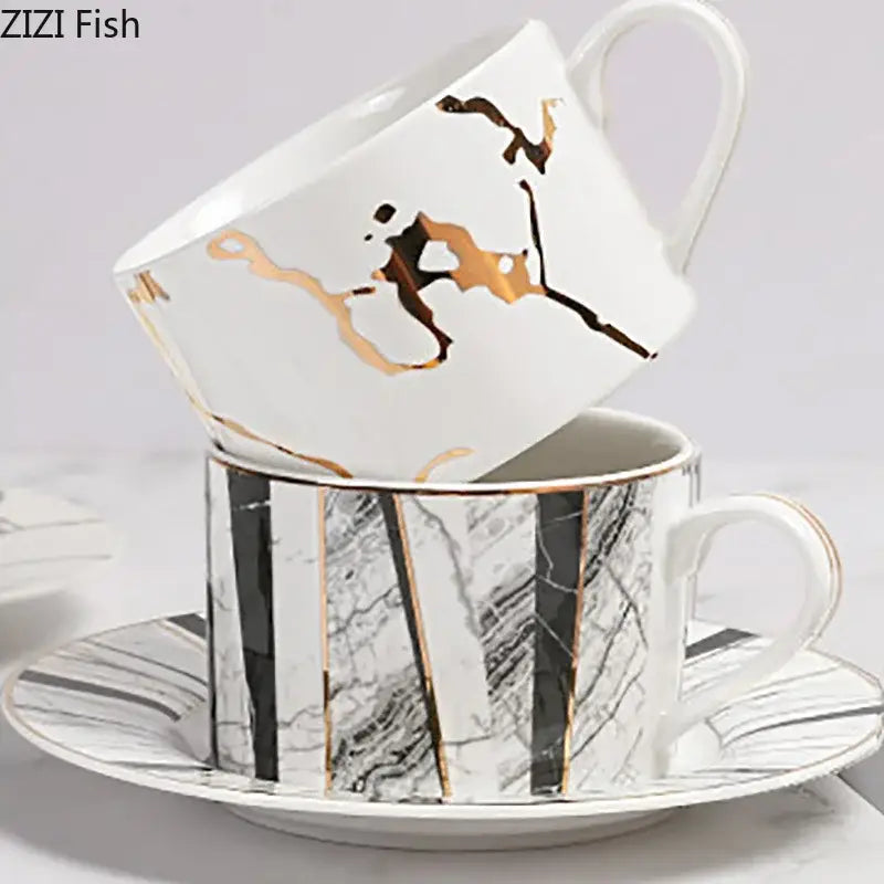 Gilded marble texture ceramic cup and saucer set dining room luxury
