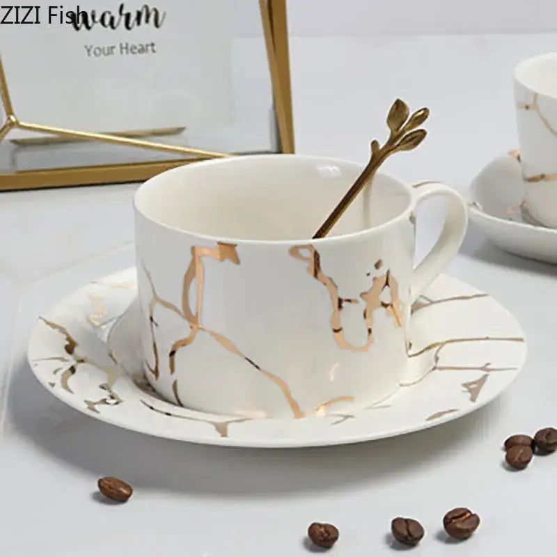 Gilded marble texture ceramic cup and saucer set dining room luxury