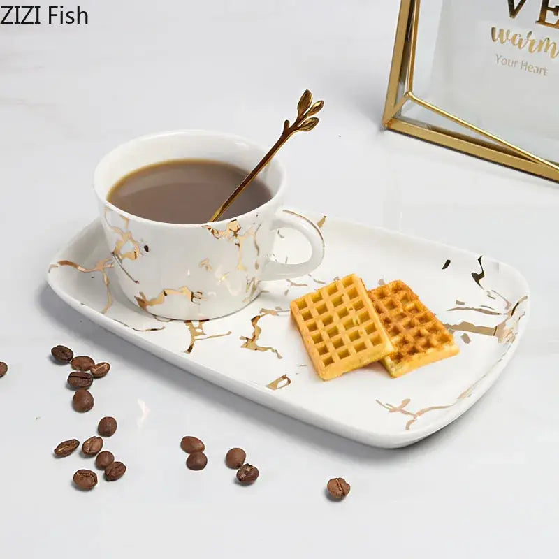 Gilded marble texture ceramic cup and saucer set dining room luxury