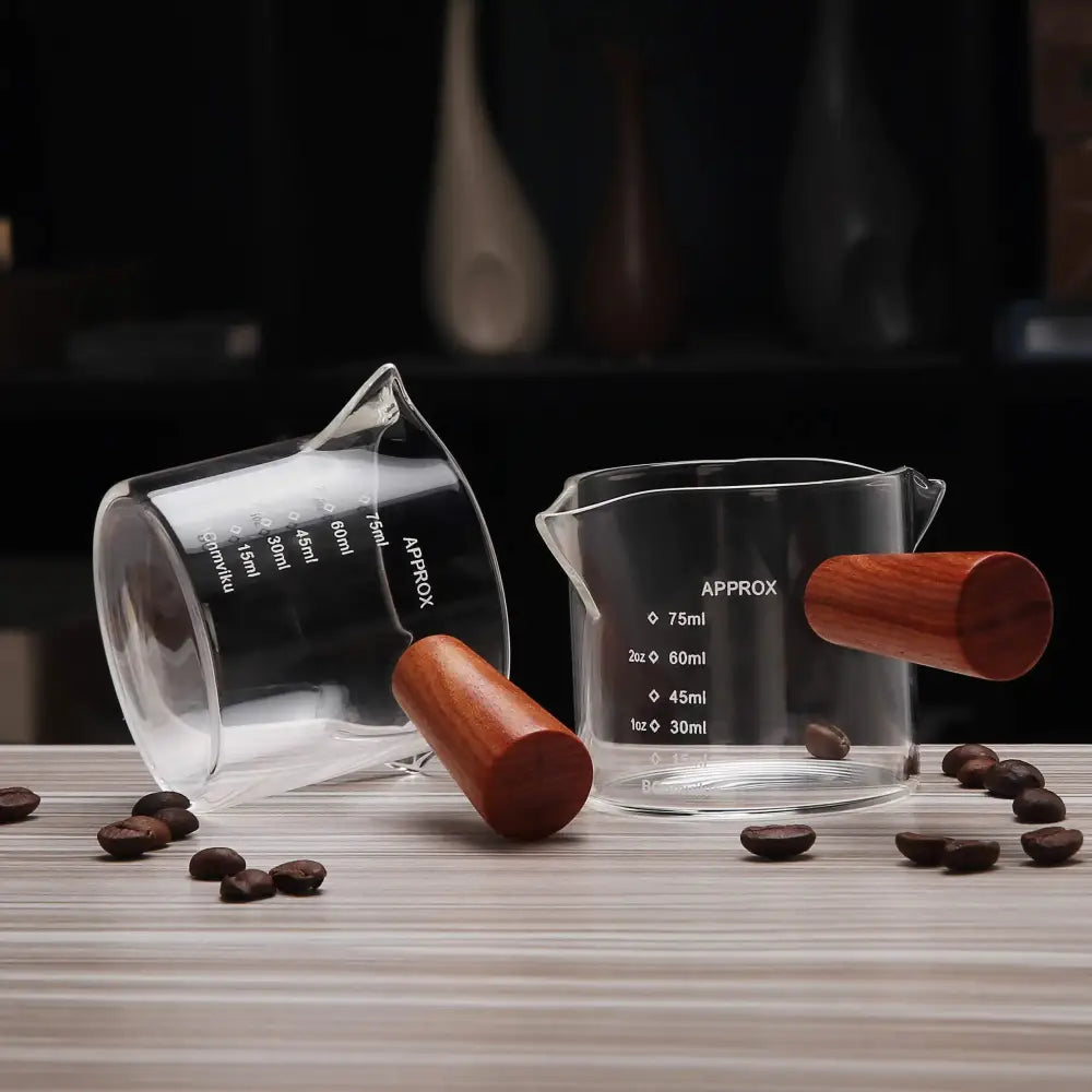 Glass espresso pitcher with wooden handle kitchen measuring cup