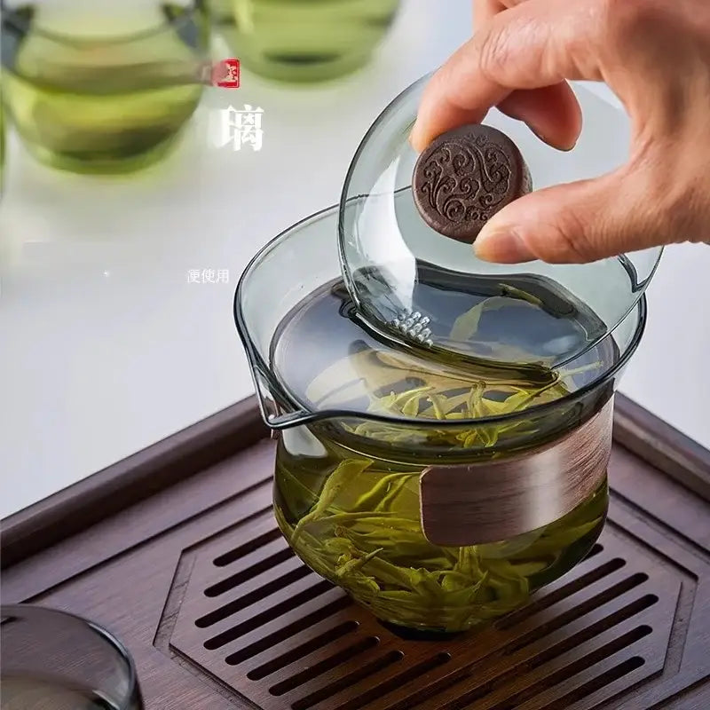 Glass gaiwan cup set with wood ring dining room tea filter