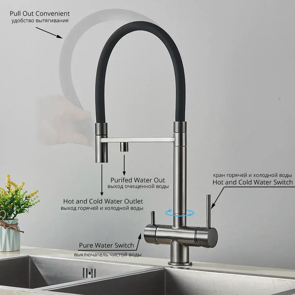 Gold and black dual spout water purification mixer kitchen tap