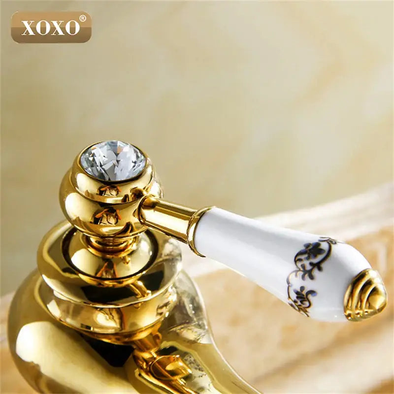 Gold and white ceramic bathroom basin faucet deck mounted mixer