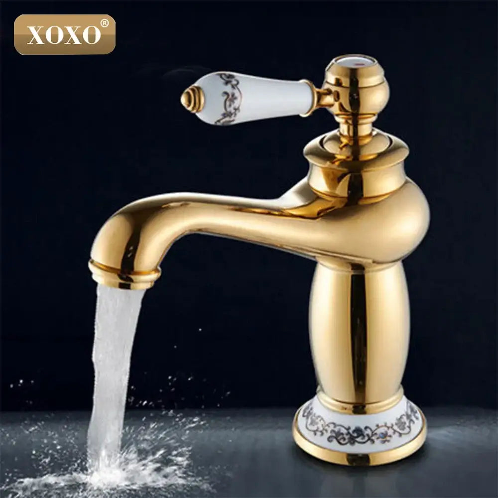 Gold and white ceramic bathroom basin faucet deck mounted mixer
