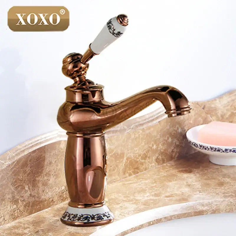 Gold and white ceramic bathroom basin faucet deck mounted mixer