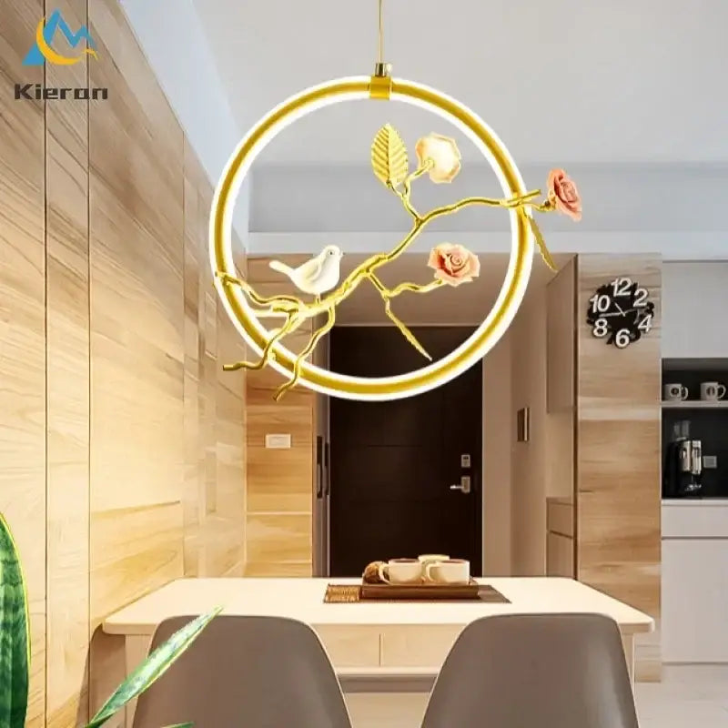 Gold bird led chandelier floral pendant light for dining room