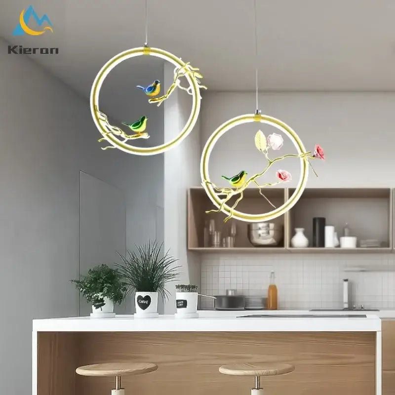 Gold bird led chandelier floral pendant light for dining room