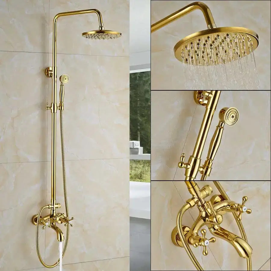 Gold brass rainfall shower faucet set with handheld spray bathroom