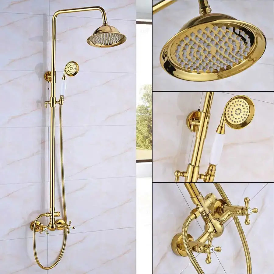 Gold brass rainfall shower faucet set with handheld spray bathroom