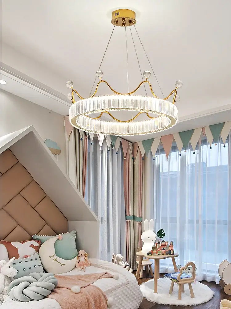Gold crown crystal chandelier bedroom petal ring light