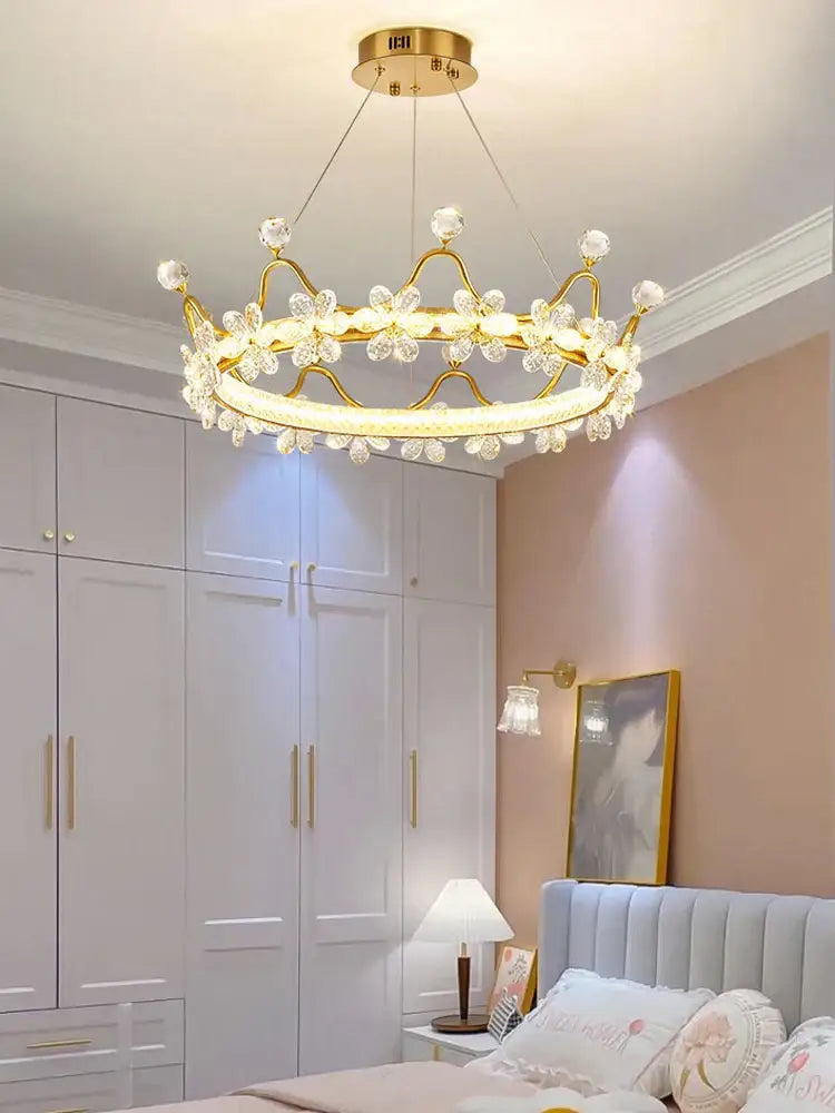 Gold crown crystal chandelier bedroom petal ring light