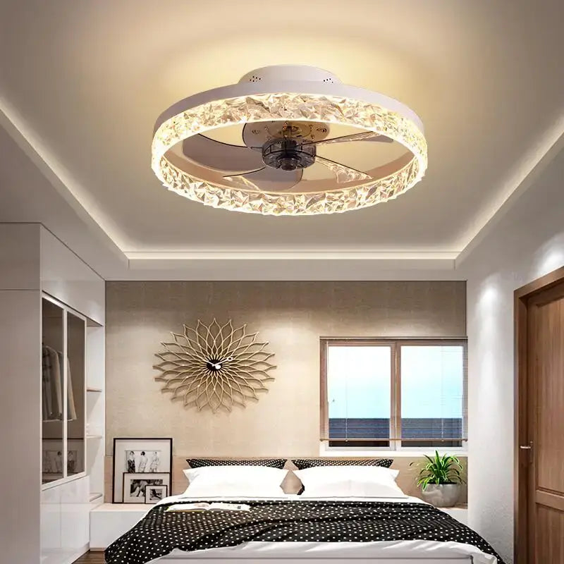 Gold crystal led ceiling fan bedroom light with remote control
