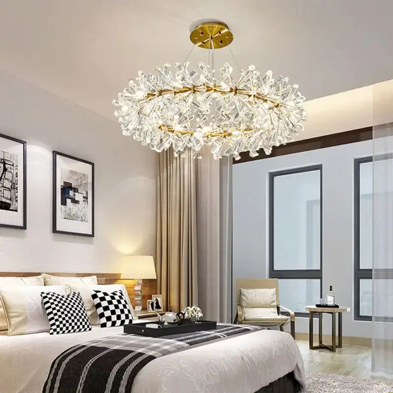 Gold double tiered crystal flower chandelier dining room light