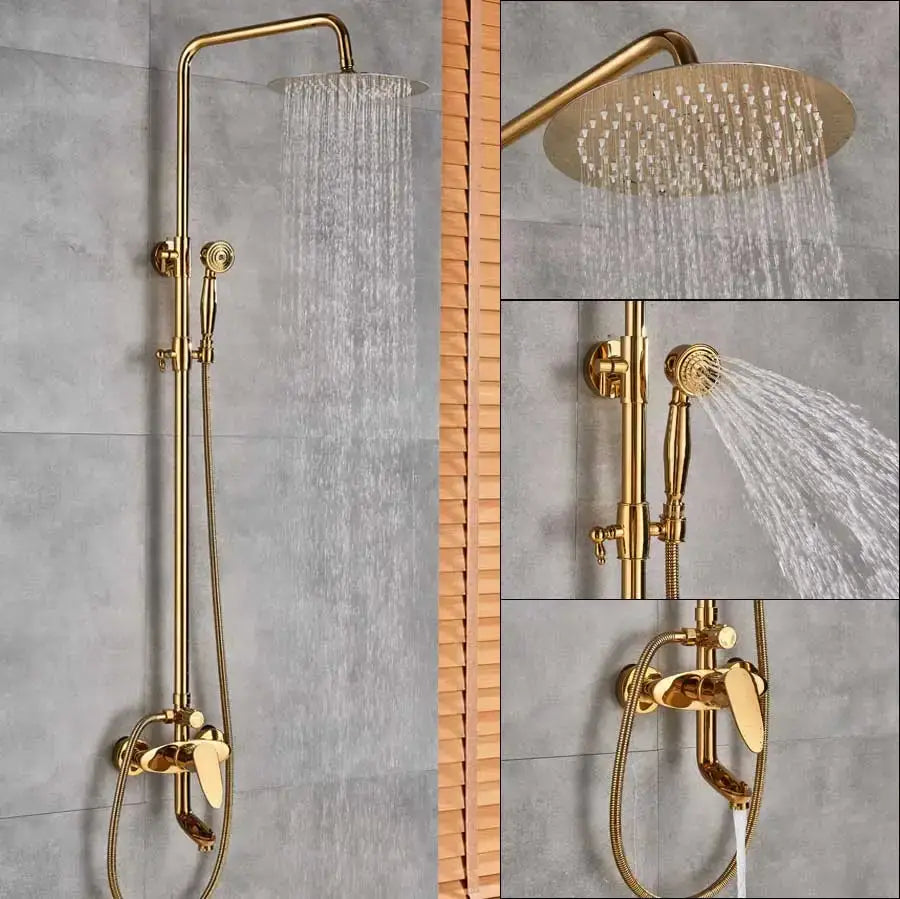 Gold dual handle rainfall shower system with ceramic handles bathroom