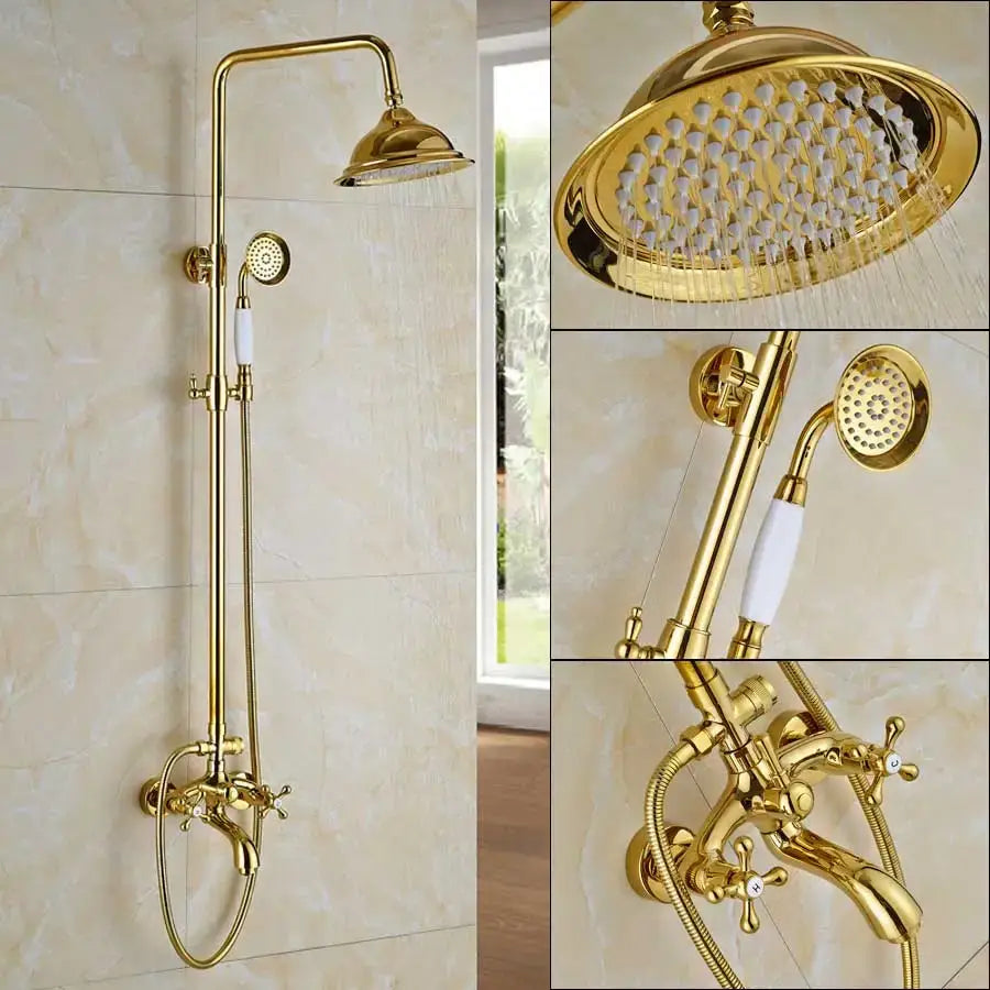 Gold dual handle rainfall shower system with ceramic handles bathroom