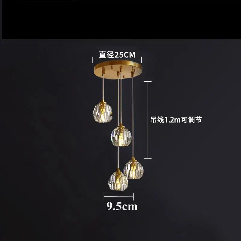 Gold five globe diamond crystal copper led pendant dining room light