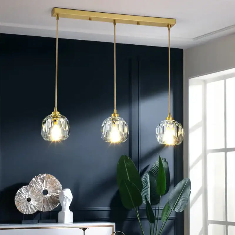 Gold five globe diamond crystal copper led pendant dining room light
