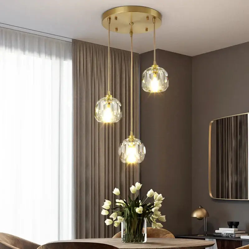 Gold five globe diamond crystal copper led pendant dining room light