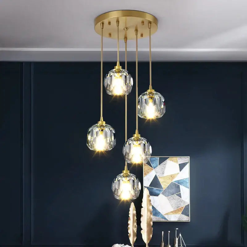 Gold five globe diamond crystal copper led pendant dining room light