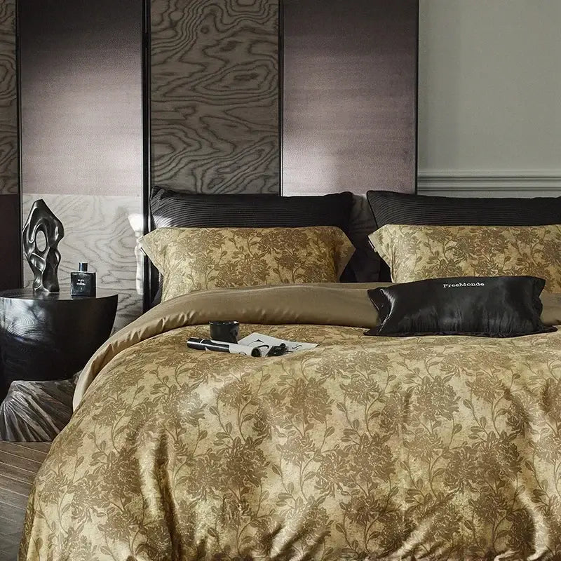 Gold floral satin cotton bedding set bedroom duvet cover and pillows