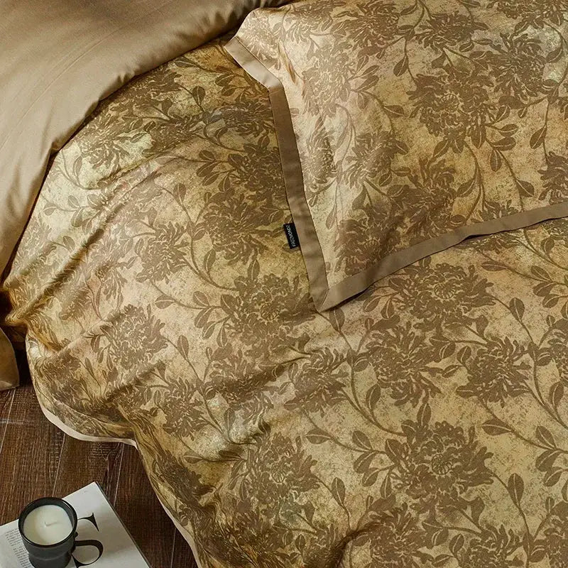 Gold floral satin cotton bedding set bedroom duvet cover and pillows