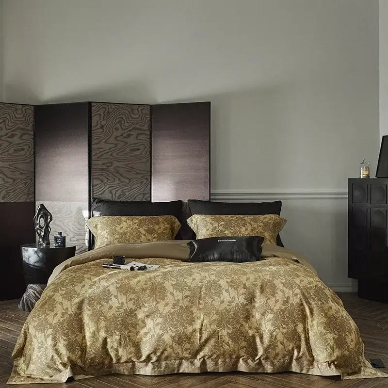 Gold floral satin cotton bedding set bedroom duvet cover and pillows