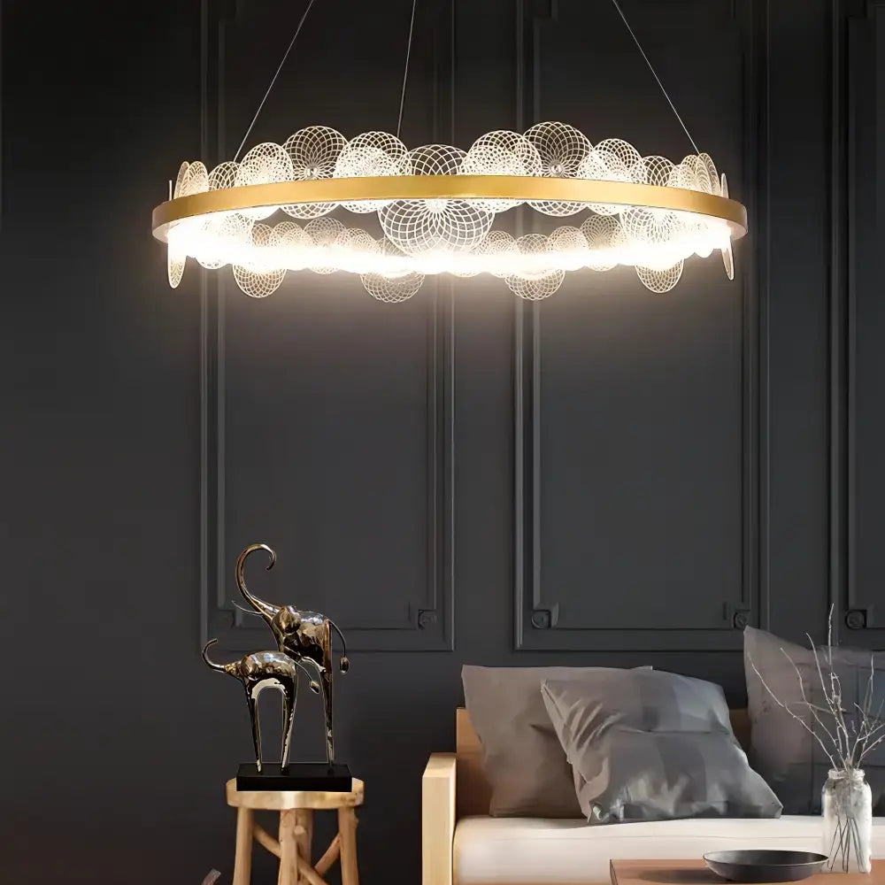 Gold frost texture led ring chandelier living room mesh globe light