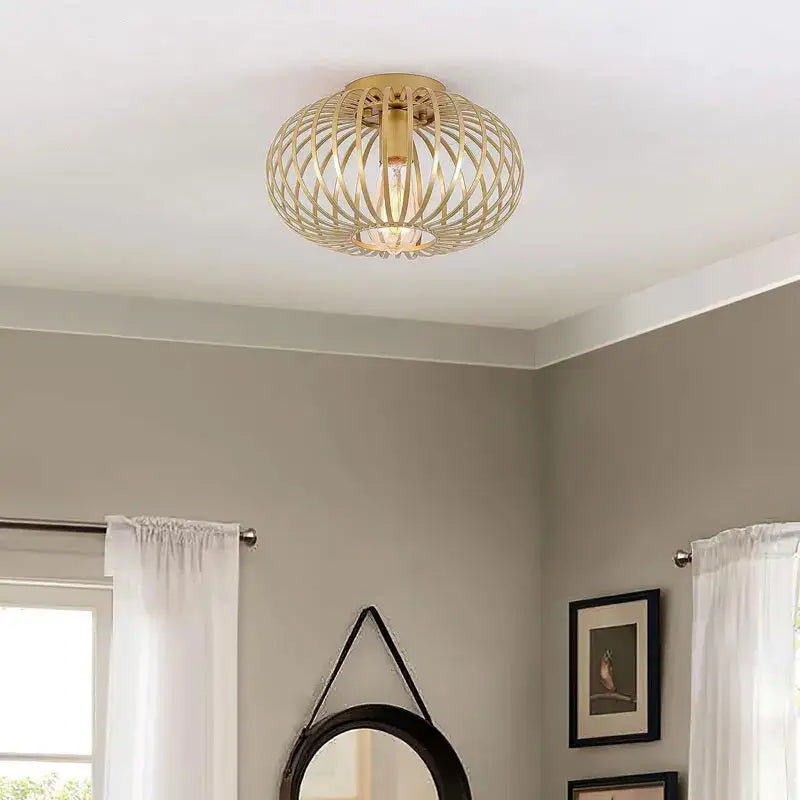 Gold iron art ceiling light for living room with wireframe design