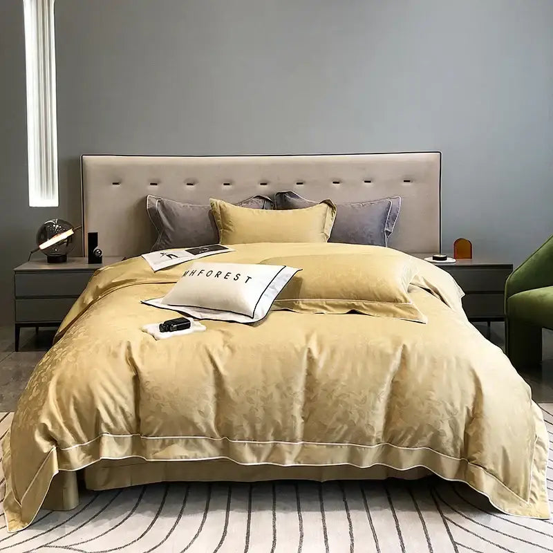 Gold jacquard satin and egyptian cotton patchwork bedding set bedroom