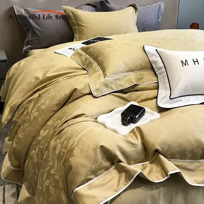 Gold jacquard satin and egyptian cotton patchwork bedding set bedroom
