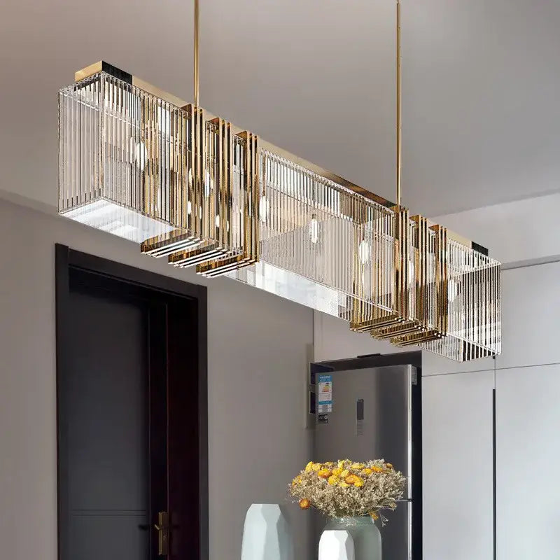 Gold lustre steel crystal pendant light dining room rectangular fixture