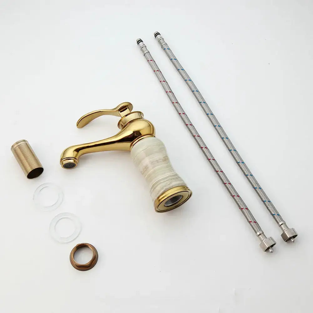 Gold plated jade bathroom faucet with marble base hot cold mixer