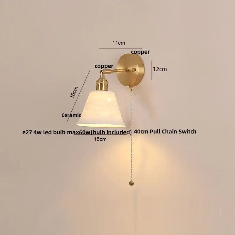 Gold ruffled glass wall light fixture bedroom pull chain lamp