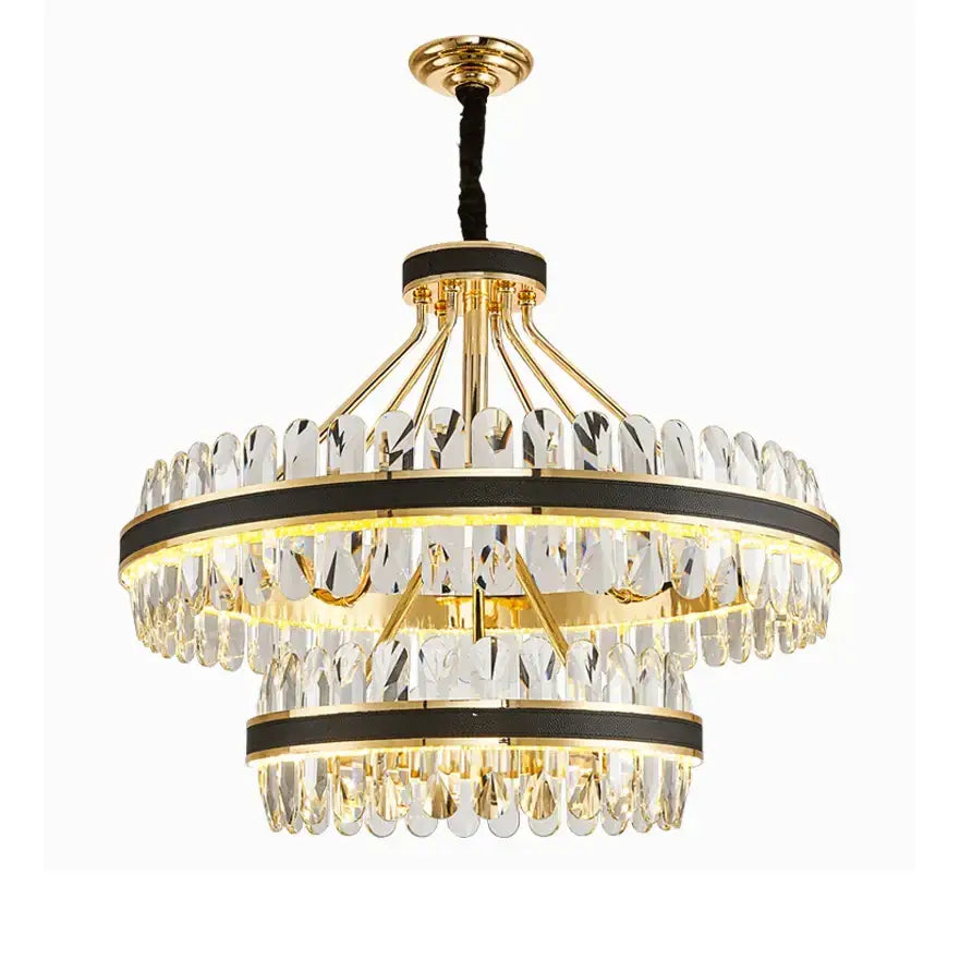 Gold stainless steel crystal chandelier dining room leather detail