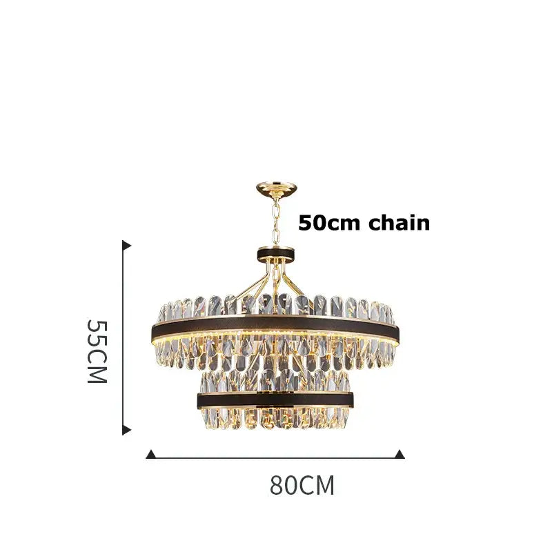 Gold stainless steel crystal chandelier dining room leather detail