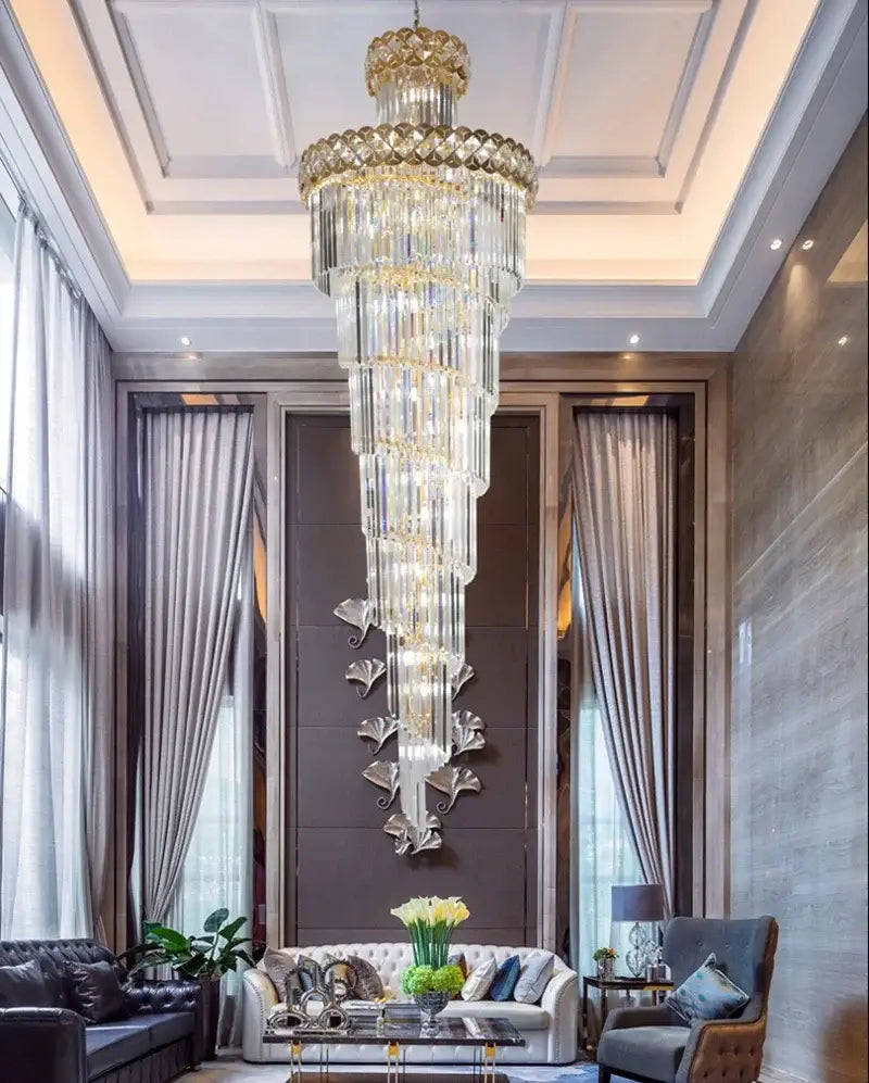 Gold stainless steel crystal chandelier staircase pendant light