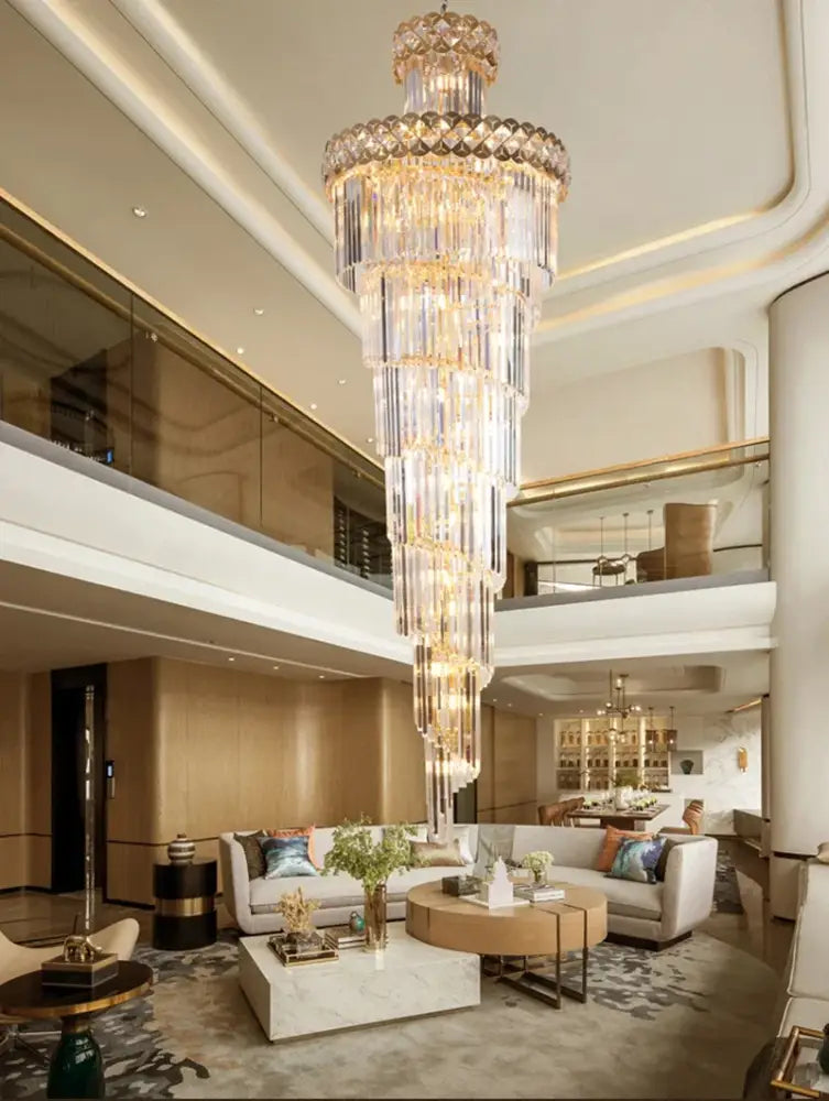 Gold stainless steel crystal chandelier staircase pendant light