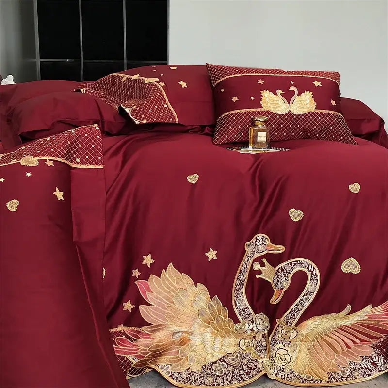 Gold swan love red satin bedding set bedroom gold embroidery
