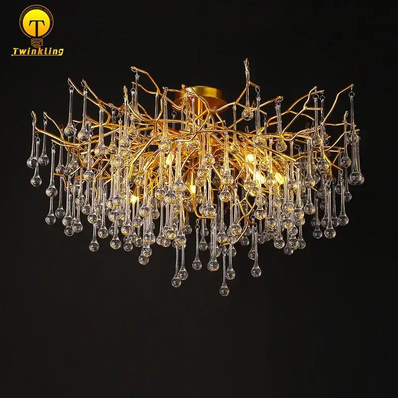 Gold tree branch chandelier with crystal droplets for dining room