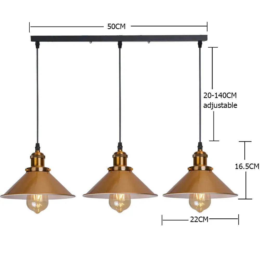 Gold vintage industrial pendant lamp 3 light dining room conical shade