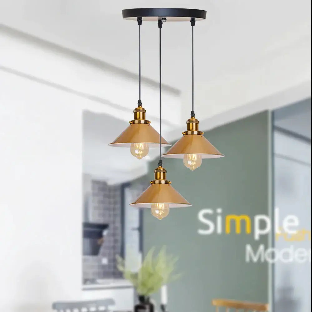Gold vintage industrial pendant lamp 3 light dining room conical shade